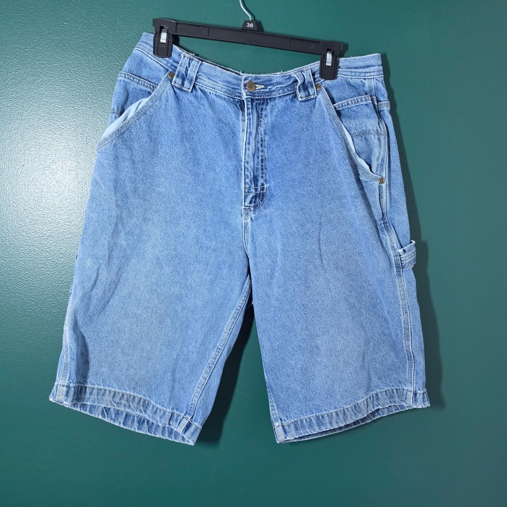 Utility Mens Carpenter Denim Shorts Light Wash Blue Cotton Size 34 Workwear